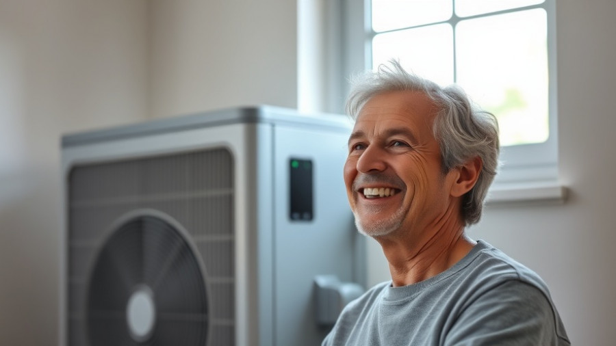 Confident homeowner smiles with relief by sleek HVAC unit, showcasing AI in HVAC.