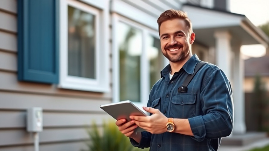 Confident HVAC technician with tablet near modern home, showcasing HVAC contractor networking.