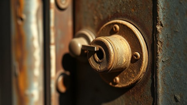 Close-up of a rusty lock with key inserted, highlighting need for baby oil for stuck locks.