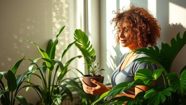 Curly-haired woman with a potted plant, aromatic indoor plant eucalyptus.