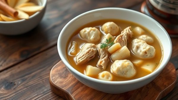 12 Days of Deli-cious chicken and dumplings in bowl on rustic table.