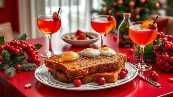 Festive winter Ruby Slipper menu featuring breakfast dishes on a red table surrounded by berries.