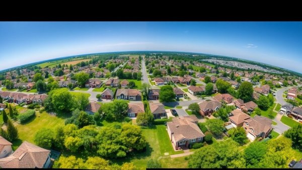Aerial view of suburban landscapes illustrating cost savings with fiberglass insulation.
