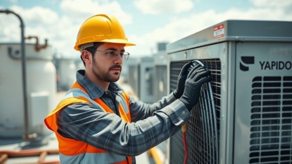 Professional technician maintaining HVAC system on rooftop, HVAC recruitment strategies.