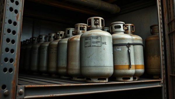 Aged refrigerant tanks on shelf, representing HVAC refrigerant changes.