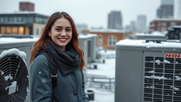 Young woman near snowy HVAC units for 2025-26 Winter Weather Outlook.
