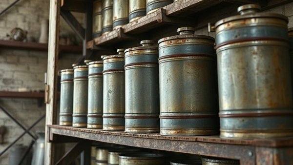 Old industrial cylinders on a shelf, related to A2L refrigerant impact.