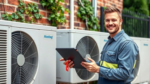 Smiling technician inspecting HVAC unit outdoors, key purchasing drivers.