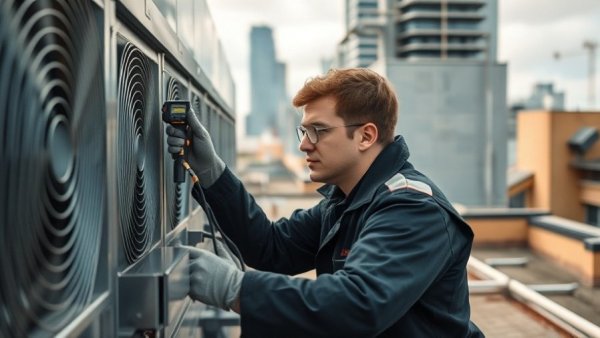 Technician working on next-generation HVAC leak detection system on rooftop.