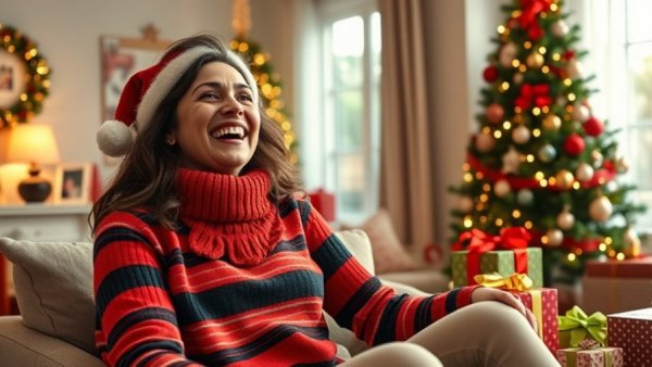 Cheerful woman enjoying Holiday Survival Challenge 2025.
