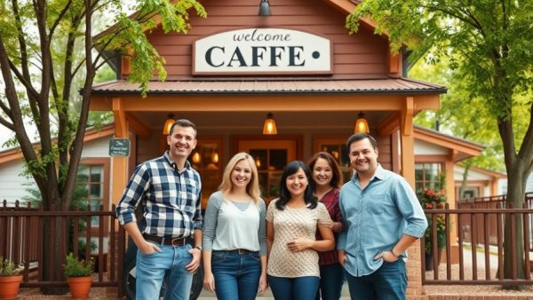 PJ’s Coffee grand opening Ocean Springs, family celebrating outside.