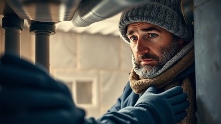 Homeowner inspecting insulated pipes for winter home preparation.