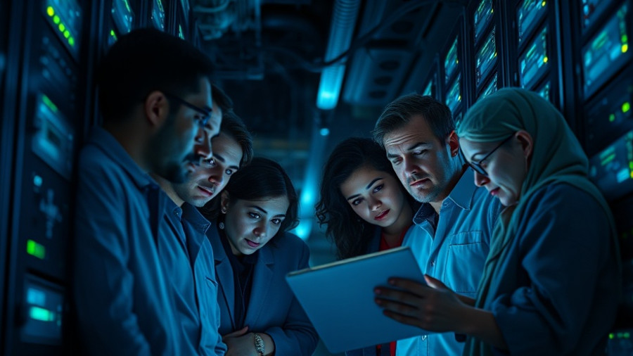Diverse engineers collaborating on data center cooling solutions amid glowing server racks.