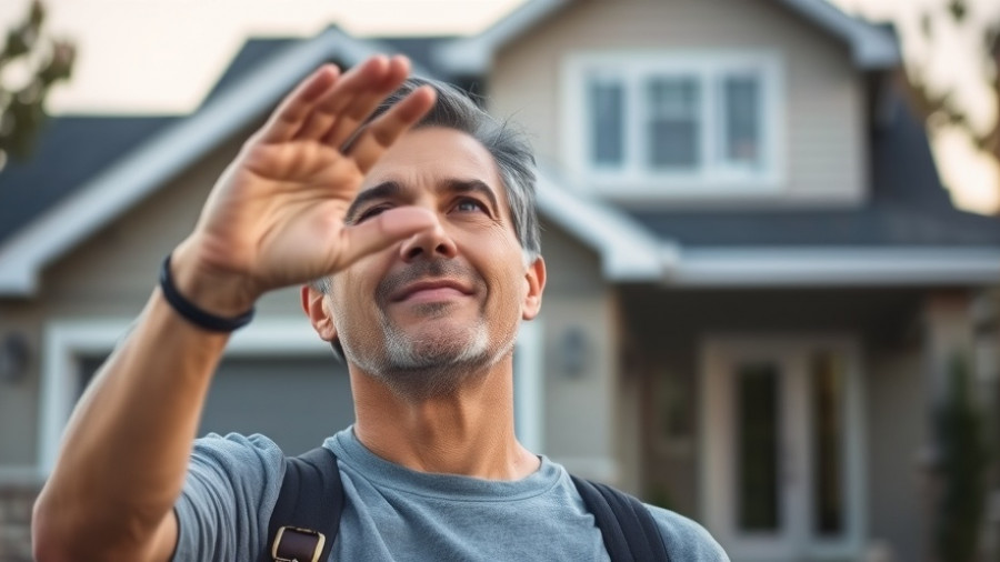Confident homeowner evaluating roofing shingles under warm daylight.