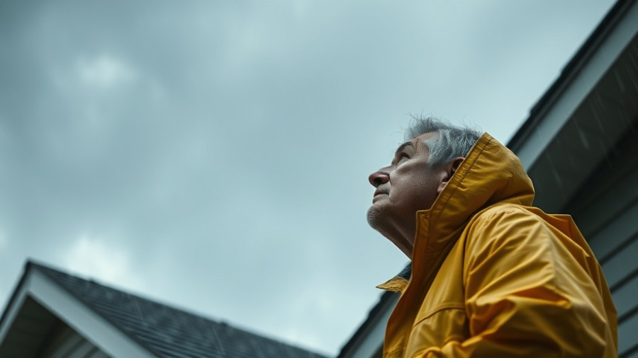 Worried homeowner in raincoat checks roof during storm; highlights need for roof inspections.