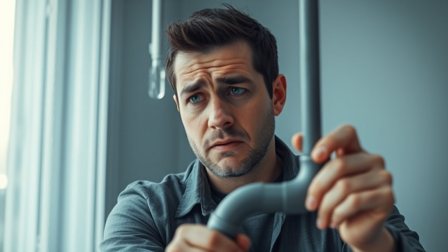 Frustrated homeowner holding a dripping pipe, highlighting emergency plumbing Avon.