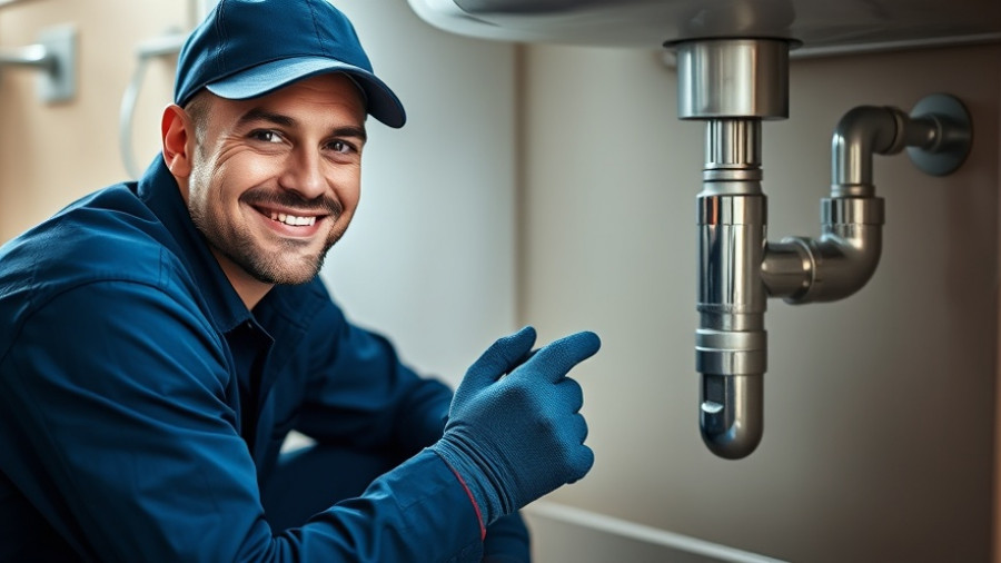 Confident plumber in uniform handles plumbing emergencies under kitchen sink.
