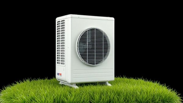 Energy-efficient air conditioning unit on grass, R-410A refrigerant phase-out.