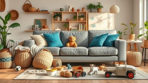 Cozy living room with oversized decorative baskets for storage and soft lighting.