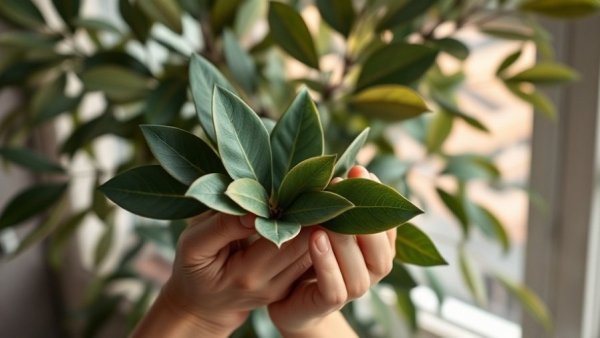 Hands holding bay leaves, indoor plant care, propagate bay leaf plant