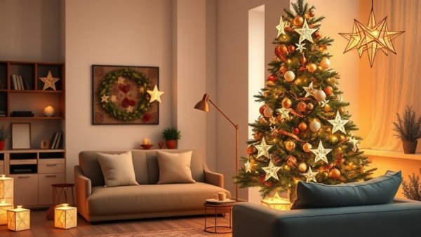 Cozy holiday decor with a Christmas tree and star lights.