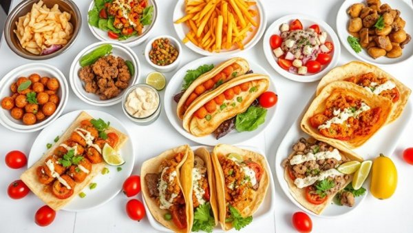 Greek street food spread with gyros and salads on white background.