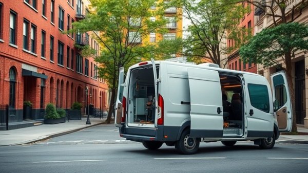 HVAC service van parked in urban area, tools visible.