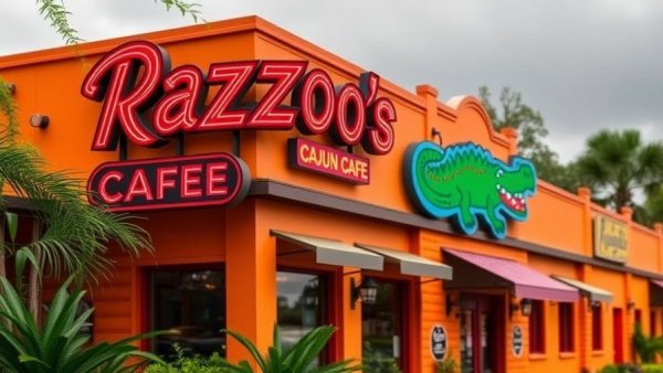 Razzoo's Cajun Cafe exterior with colorful sign under cloudy sky.