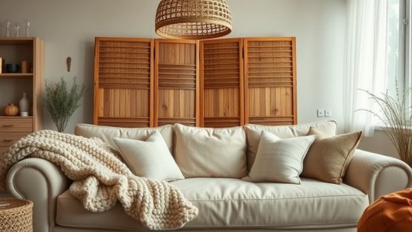 Cozy cottagecore apartment design with beige sofa and knit throw.