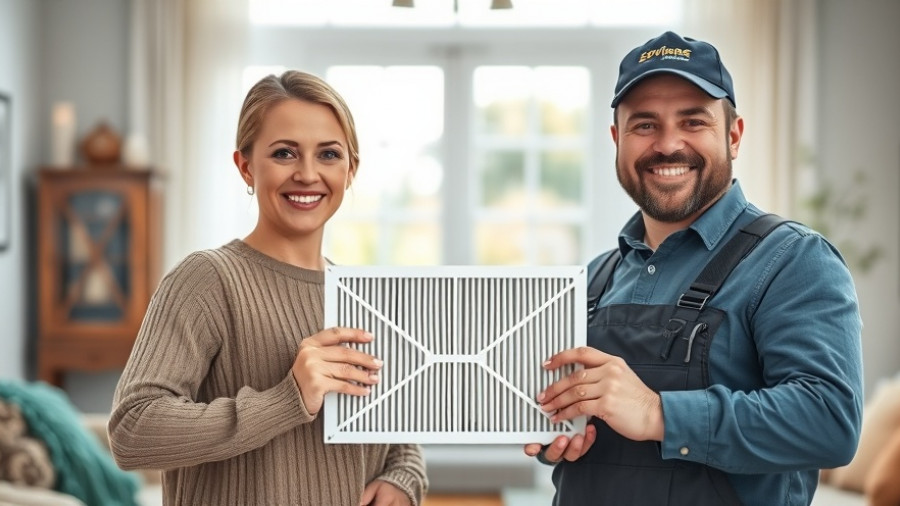 Homeowner and technician promote indoor air quality with an HVAC filter.