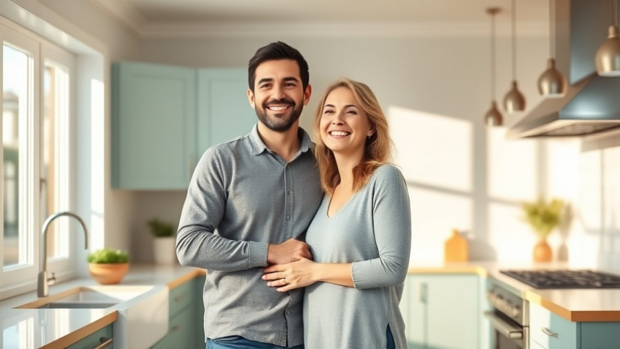 Smiling couple in a renovated kitchen, showcasing energy-efficient HVAC solutions.