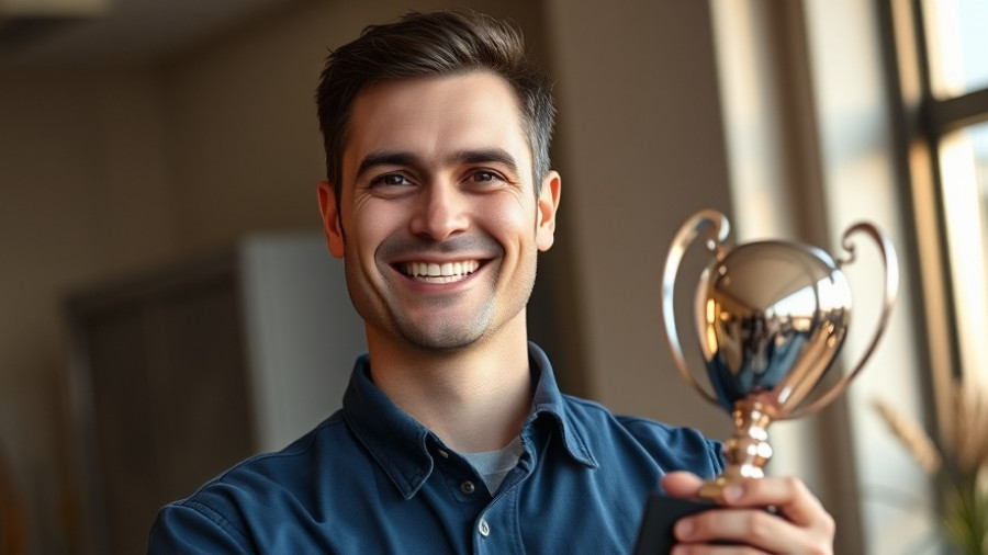 Confident HVAC professional proudly holding industry award trophy.