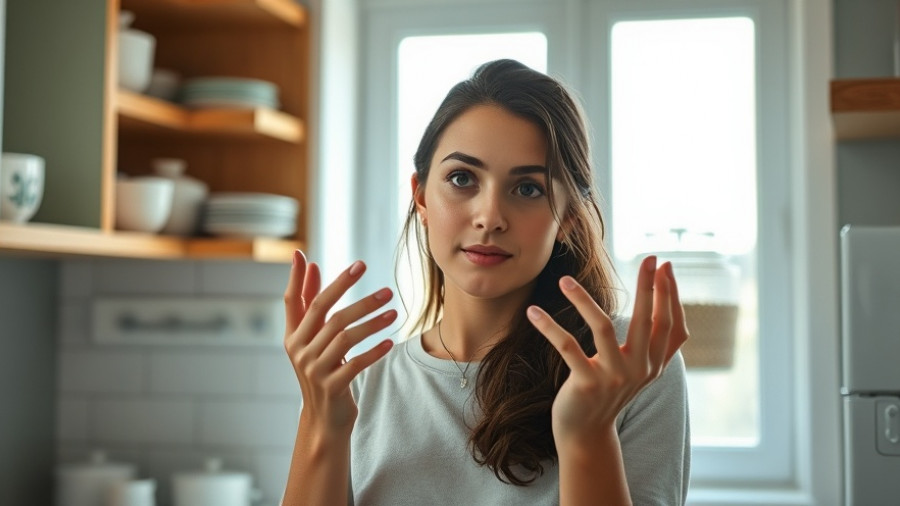 Young woman pondering kitchen storage solutions, choosing between cabinets and cupboards.