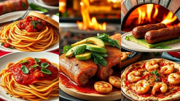 Collage of diverse Italian dishes in a warm restaurant setting.
