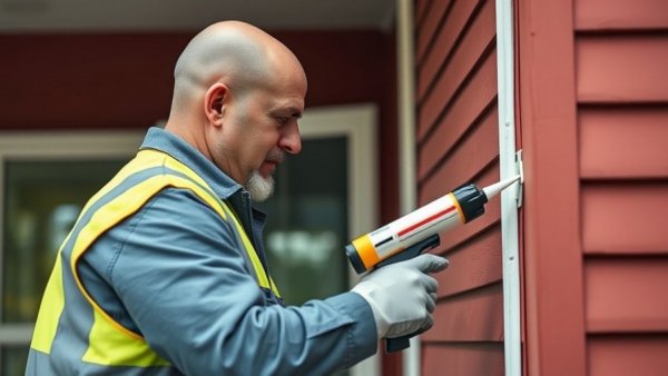 Contractor sealing building joints with caulk gun, contractor license number related.