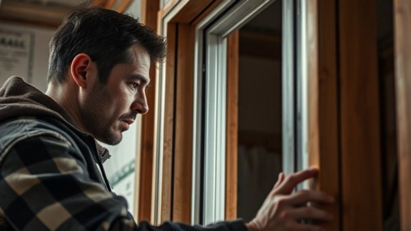 Worker installing window frame during winter window replacement.