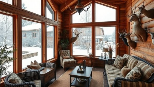 Cozy sunroom interior with snowy view through large windows in a 3 or 4 season room comparison.