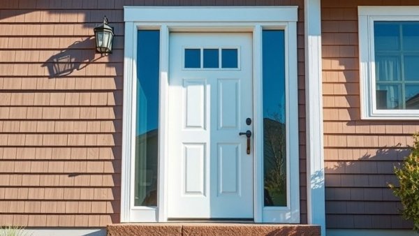 Modern white fiberglass front door on suburban house exterior.