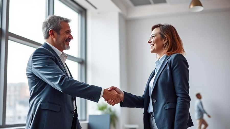 Confident business professionals shaking hands in a modern office, embodying trust.