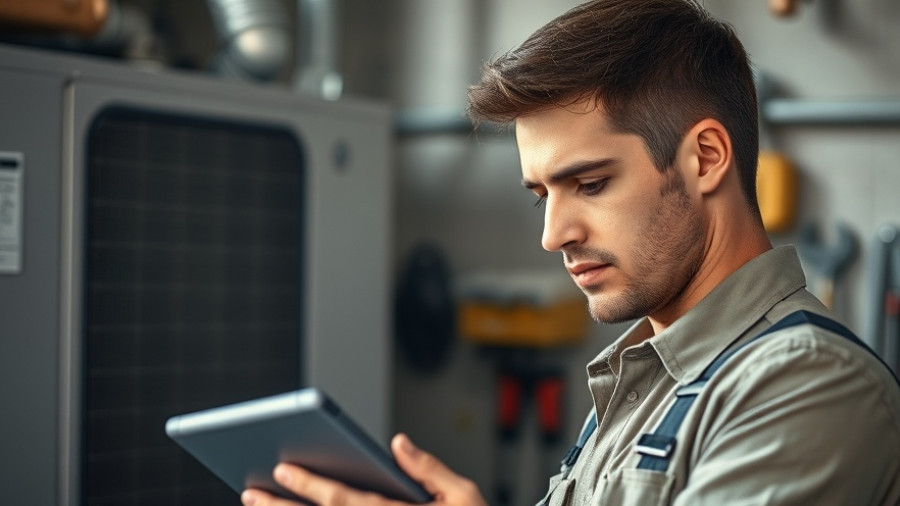 HVAC technician focused on tablet in modern workspace, side-lit with tool shadows.