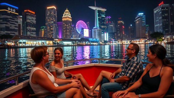 People on a night boat, city lights reflecting on water, civil engineer life.