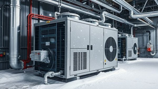 Industrial heat pump unit operating in a snowy environment, symbolizing rising electricity costs.