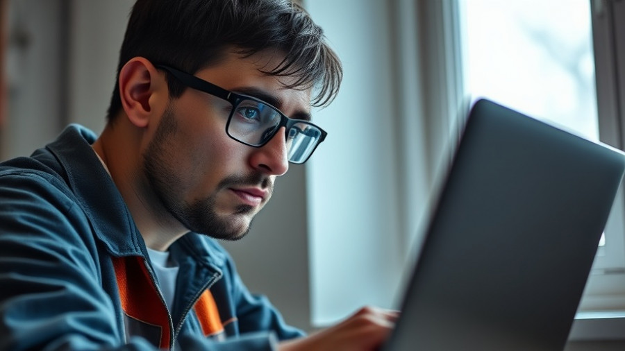Curious HVAC technician examining laptop for HVAC contractors pricing insights.