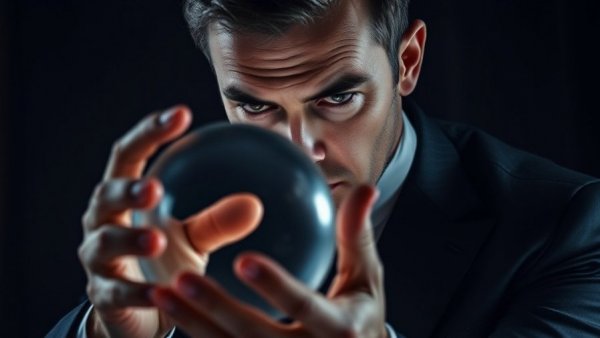 Businessman predicting future restaurant tech for 2026 with crystal ball.