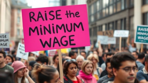 Protest for higher wages, colorful sign in crowd, eliminate the tip credit.