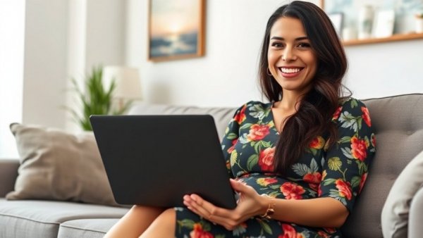 Woman planning health class on laptop, cozy living room.