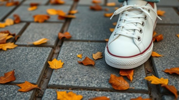 White sneakers near brown autumn leaves on a paved sidewalk.