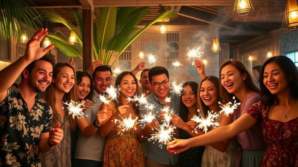 LouLou Santa Monica holiday celebrations, joyful group with sparklers