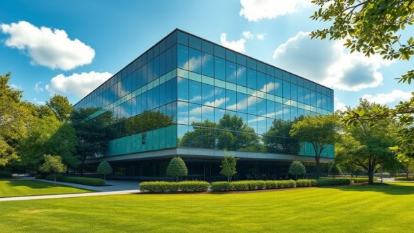 Modern Daikin office building reflecting sunlight, lush surroundings.