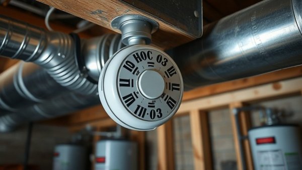 Carbon monoxide detector on HVAC duct in basement for service monitoring.